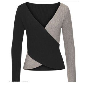Brand New! Ivora Two Tone Criss Cross Slim Knit Top - Black & Grey (Small)
